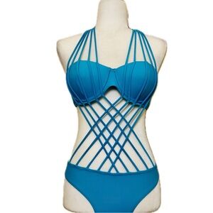 Teal Blue Green Strappy Women's Swimsuit Monokini Cutout, Size M